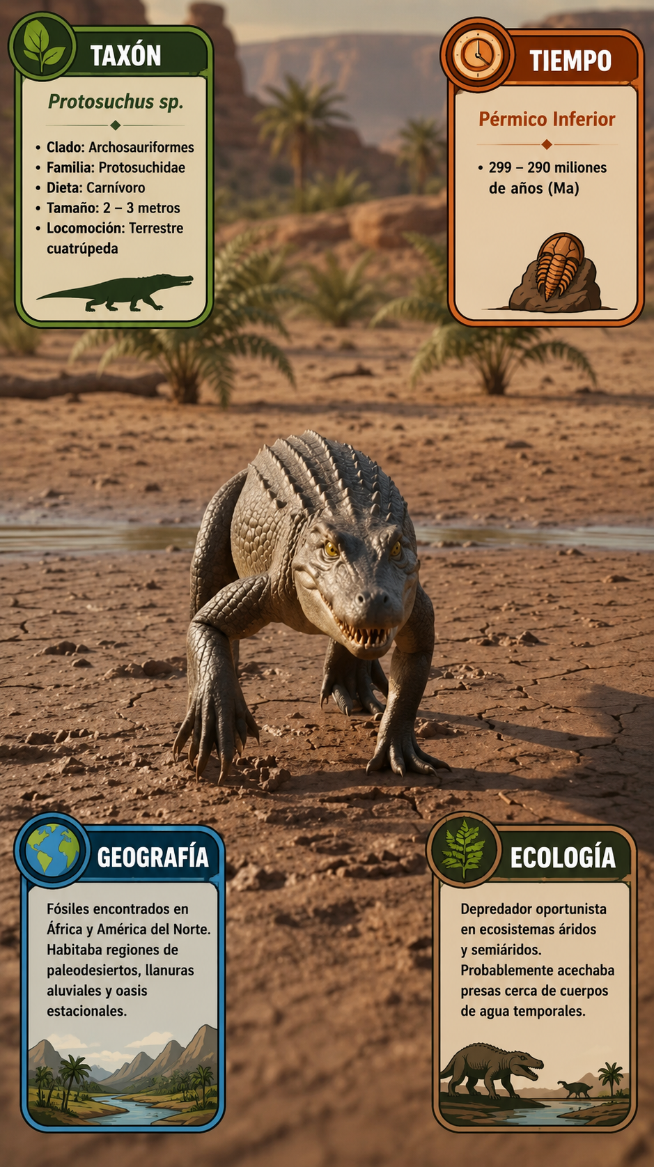 Detalle anatómico del cráneo y dentición de Protosuchus