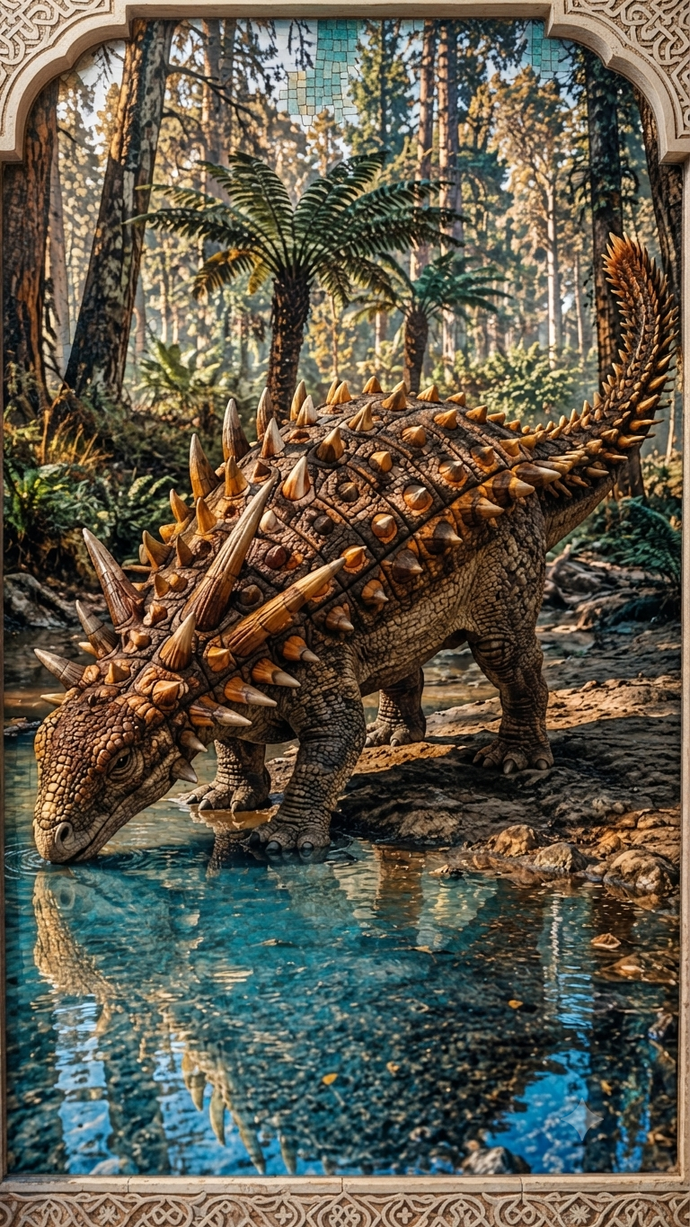 Reconstrucción paleoecológica de Spicomellus en un entorno del Jurásico Medio.