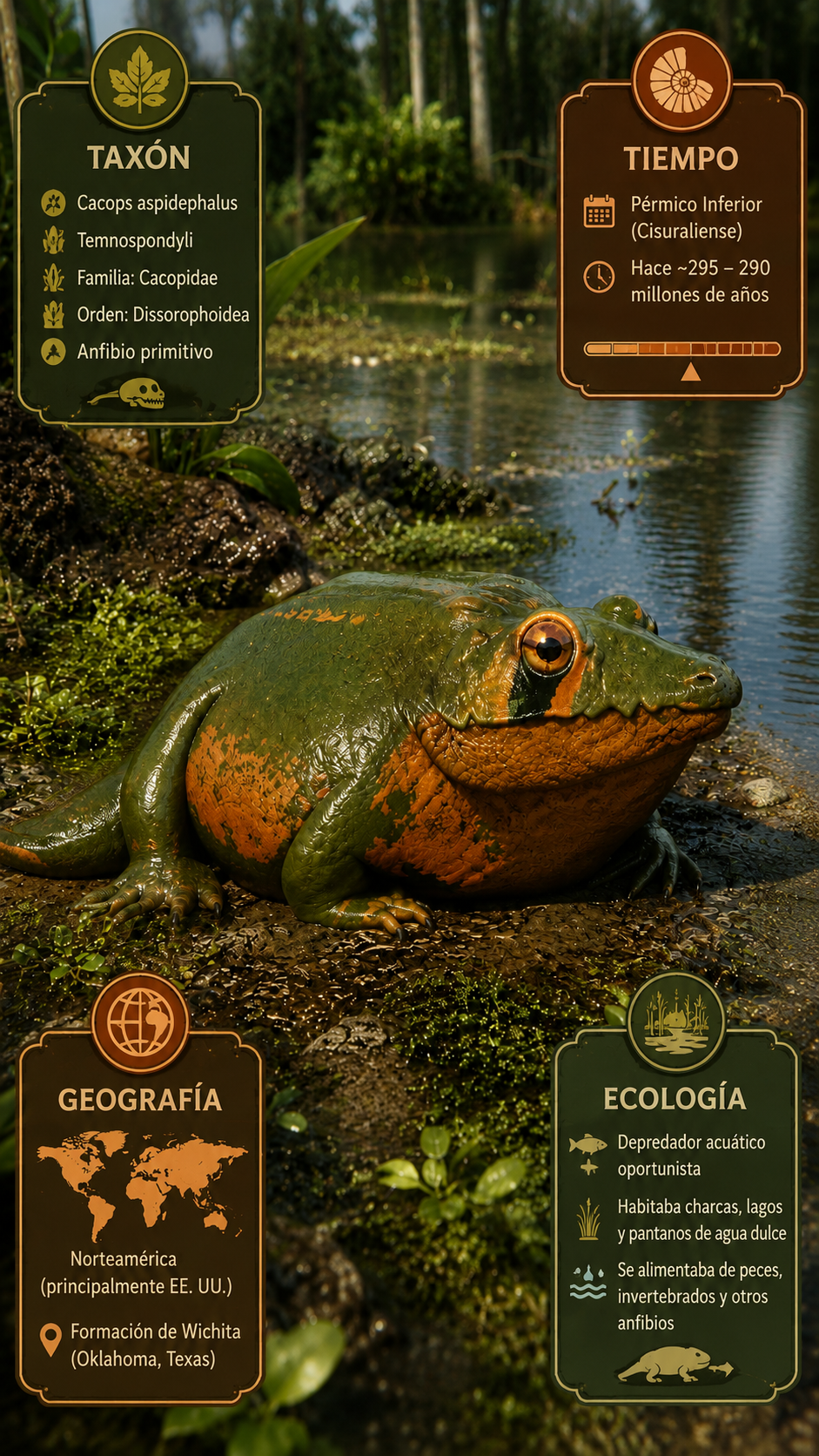 Detalle anatómico y armadura dorsal de Cacops aspidephorus