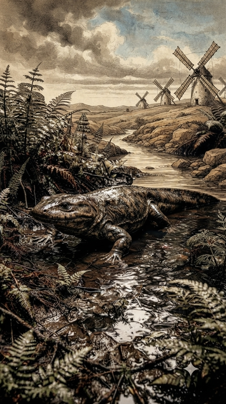 Reconstrucción paleoecológica de Iberospondylus en un ambiente del Carbonífero Superior.